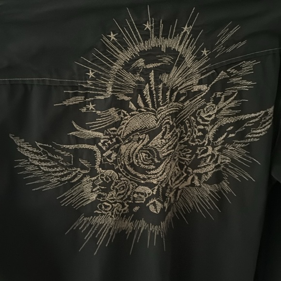 Lucky Brand Embroidered Black Tan Cotton Snap Long Sleeve Shirt Large - Picture 3 of 10